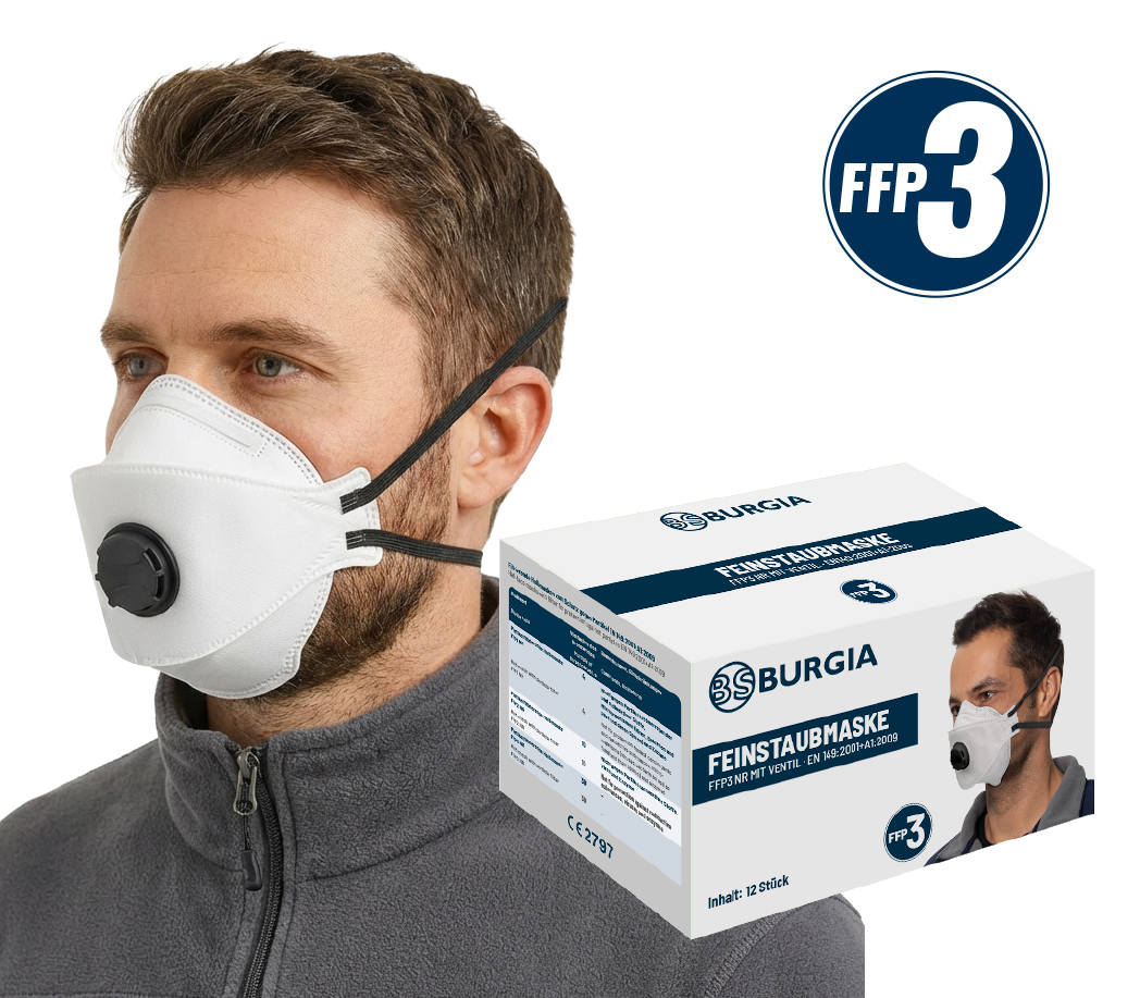Ein Handwerker mit Halbmaske beim Schleifen und ein Kollege mit Vollmaske bei Chemikalienarbeiten.