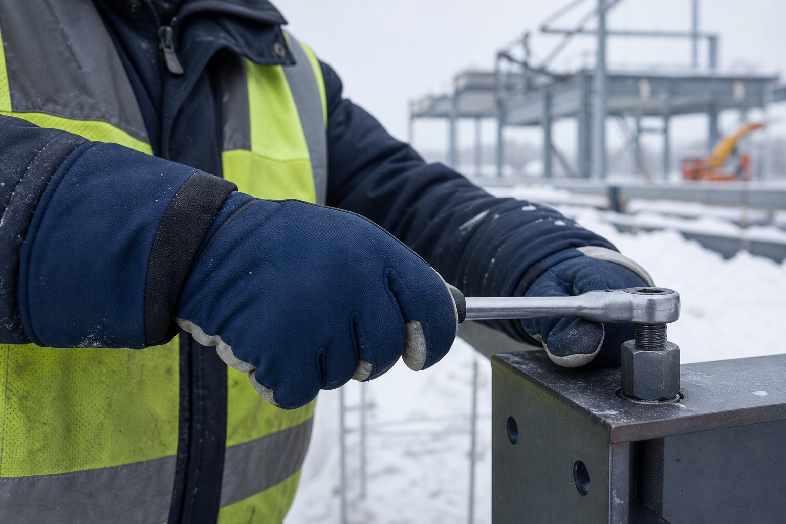 Winter-Arbeitshandschuhe im Einsatz bei Forstwirtschaft und Bauarbeiten, Kälteschutz und mechanischer Schutz kombiniert