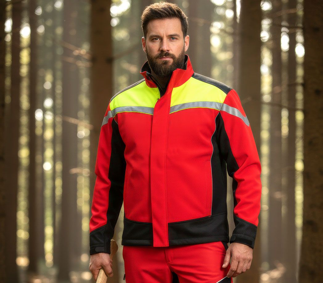 Waldarbeiter Softshelljacke - Farbe: rot/schwarz/gelb - Größe: S