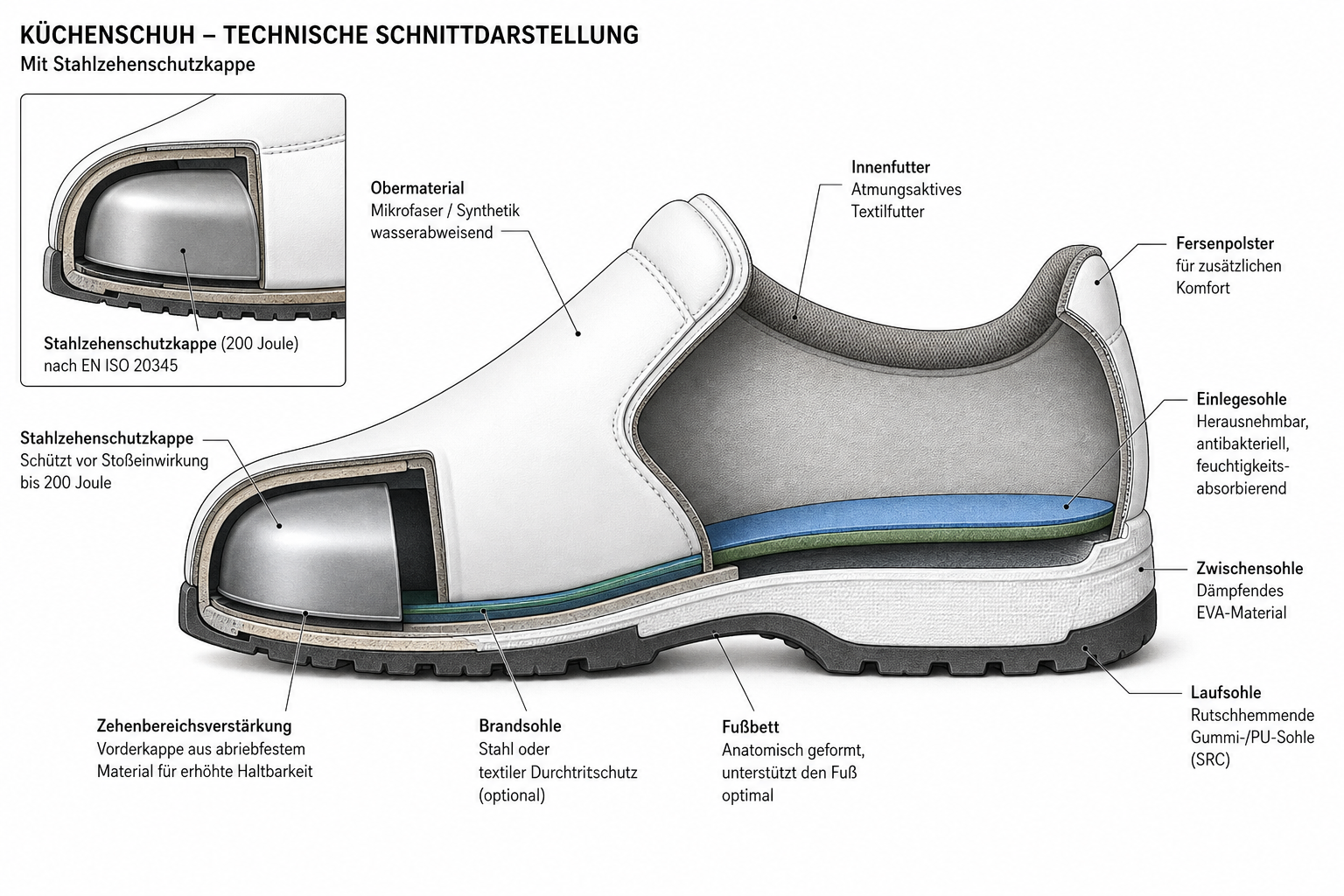 Beschriftete Schnittdarstellung eines Küchenschuhs: Stahlzehenschutzkappe nach EN ISO 20345, Obermaterial, Innenfutter, Einlege-, Zwischen- und Laufsohle.