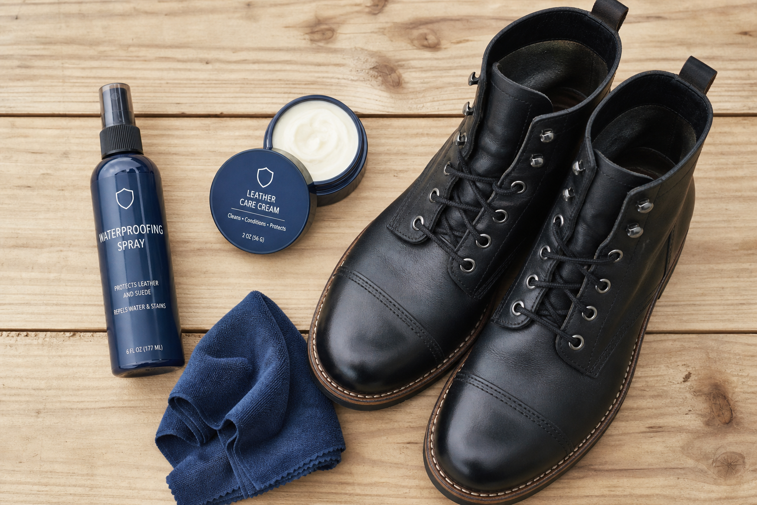 Winter Arbeitsstiefel werden mit Lederpflegemittel und Imprägnierspray für den nächsten Einsatz gepflegt.