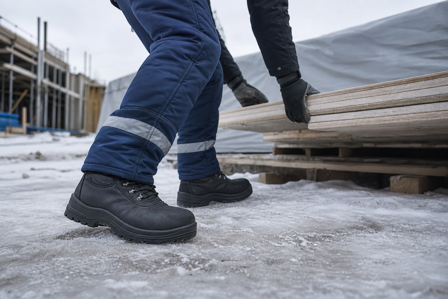 Handwerker trägt gefütterte Sicherheitsstiefel auf einer winterlichen Baustelle bei gefrorenem Untergrund.