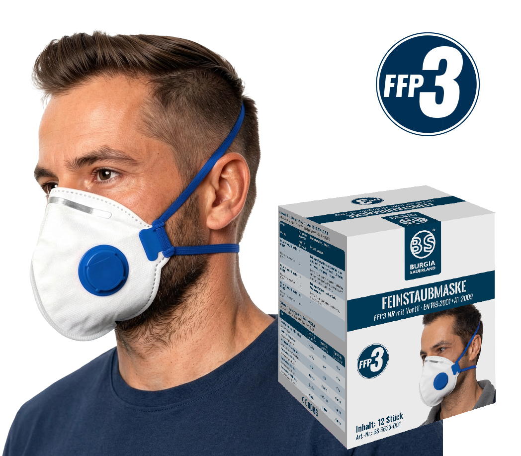 Stapel weißer Einweg-Atemschutzmasken neben einer Mehrweg-Halbmaske mit Wechselfilter auf einem Werkzeugkoffer.