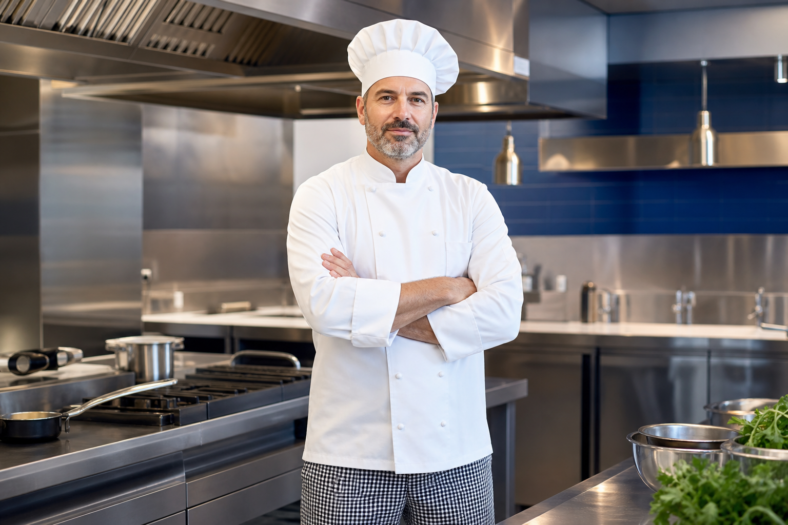Kochbekleidung für die Gastronomie: Kochjacke und Kochhose in Weiß und Schwarz